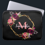 Black gold geometric florals monogram name laptop sleeve<br><div class="desc">A chic navy black background. A faux gold geometric frame decorated with watercolored flowers,  roses in burgundy and pink and boho style feathers.  Templates for Your name and monogram letter.  The name in pink is written with a modern and trendy hand lettered style script.  The monogram letter in coral.</div>