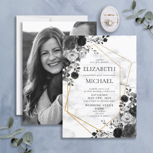 Black Gold Geometric Marble Floral Photo Wedding Invitation