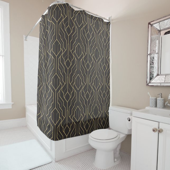 Black Gold Geometric Pattern | Art Deco Shower Curtain (In Situ)
