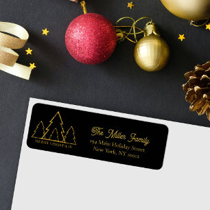 Black Gold Geometric Pine Tree Modern Christmas Return Address Label