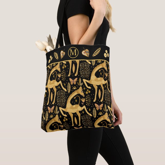 Black Gold Giraffe Boho Pattern Monogram Tote Bag (Close Up)