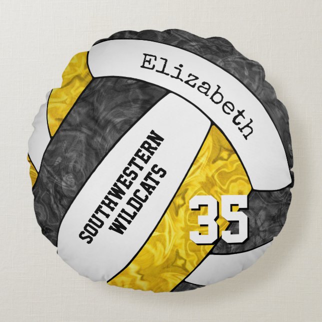 Black gold girls volleyball team keepsake round cushion (Front)