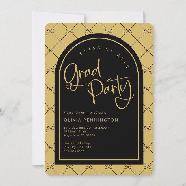 Black Gold Girly Bows Pattern Graduation Party  Invitation (Front)