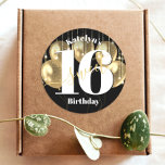 Black Gold Girly Luxury Sweet 16 Birthday Balloons Classic Round Sticker<br><div class="desc">“Happy Sweet 16”. Celebrate her birthday with this stunning, simple, festive, modern, personalised round sticker. Bold, graphic, white typography and gold handwritten script overlay gold balloons and gold sparkly string lights on a sophisticated, black background. Personalise the custom text with your daughter’s name. Great for the budding fashionista who loves...</div>