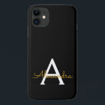 Black Gold Girly Script Monogram Name Modern iPhone 11 Case<br><div class="desc">Gold and Black Monogram Add Your Own Name Phone Case. This makes the perfect sweet 16 birthday,  wedding,  bridal shower,  anniversary,  baby shower or bachelorette party gift for someone that loves glam luxury and chic styles.</div>