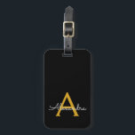 Black Gold Girly Script Monogram Name Modern Luggage Tag<br><div class="desc">Gold and Black Monogram Add Your Own Name Script Signature Pillow. The luggage bag tag makes the perfect sweet 16 birthday,  wedding,  bridal shower,  baby shower or bachelorette party gift for someone who loves a chic elegant and modern style.</div>