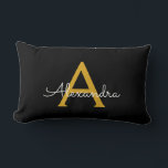 Black Gold Girly Script Monogram Name Modern Lumbar Cushion<br><div class="desc">Gold and Black Monogram Add Your Own Name Lumbar Pillow. This makes the perfect sweet 16 birthday,  wedding,  bridal shower,  anniversary,  baby shower or bachelorette party gift for someone that loves glam luxury and chic styles.</div>