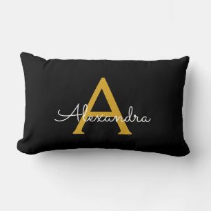 Black Gold Girly Script Monogram Name Modern Lumbar Cushion