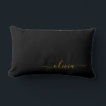 Black Gold Girly Script Monogram Name Modern Lumbar Cushion<br><div class="desc">Gold and Black Monogram Add Your Own Name Lumbar Pillow. This makes the perfect sweet 16 birthday,  wedding,  bridal shower,  anniversary,  baby shower or bachelorette party gift for someone that loves glam luxury and chic styles.</div>