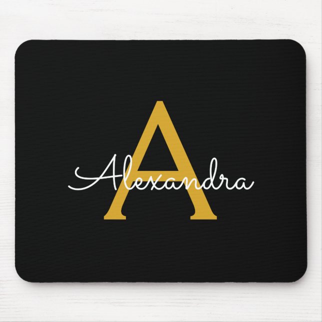 Black Gold Girly Script Monogram Name Modern Mouse Pad (Front)