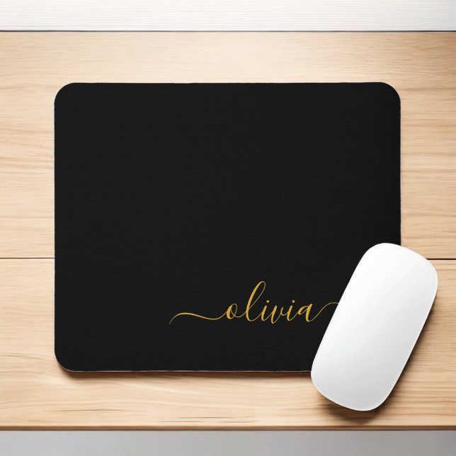 Black Gold Girly Script Monogram Name Modern Mouse Pad (Creator Uploaded)