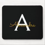 Black Gold Girly Script Monogram Name Modern Mouse Pad<br><div class="desc">Gold and Black Monogram Add Your Own Name Mousepad (Mouse Pad). This makes the perfect sweet 16 birthday,  wedding,  bridal shower,  anniversary,  baby shower or bachelorette party gift for someone that loves glam luxury and chic styles.</div>