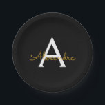 Black Gold Girly Script Monogram Name Modern Paper Plate<br><div class="desc">Gold and Black Monogram Add Your Own Name Script Party Plates. This makes the perfect sweet 16 birthday,  wedding,  bridal shower,  anniversary,  baby shower or bachelorette party gift for someone that loves glam luxury and chic styles.</div>