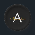 Black Gold Girly Script Monogram Name Modern Paper Plate<br><div class="desc">Gold and Black Monogram Add Your Own Name Script Party Plates. This makes the perfect sweet 16 birthday,  wedding,  bridal shower,  anniversary,  baby shower or bachelorette party gift for someone that loves glam luxury and chic styles.</div>