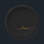 Black Gold Girly Script Monogram Name Modern Paper Plate<br><div class="desc">Gold and Black Monogram Add Your Own Name Script Party Plates. This makes the perfect sweet 16 birthday,  wedding,  bridal shower,  anniversary,  baby shower or bachelorette party gift for someone that loves glam luxury and chic styles.</div>