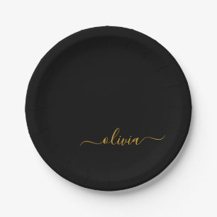 Black Gold Girly Script Monogram Name Modern Paper Plate