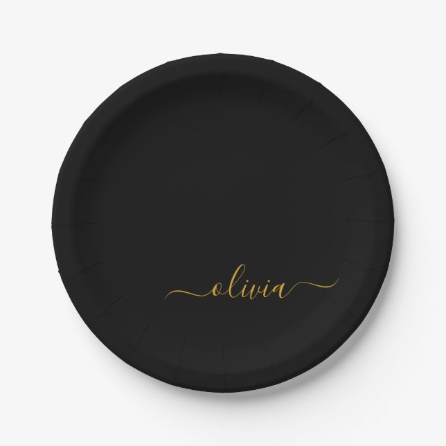 Black Gold Girly Script Monogram Name Modern Paper Plate (Front)