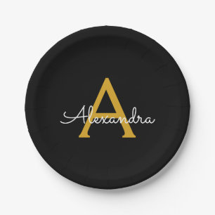 Black Gold Girly Script Monogram Name Modern Paper Plate