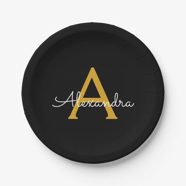 Black Gold Girly Script Monogram Name Modern Paper Plate (Front)