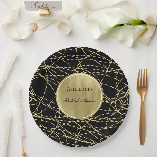 Black Gold Glam Abstract Bridal Shower Paper Plate (Wedding)
