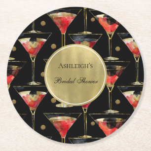 Black Gold Glam Drinks Bridal Shower Round Paper Coaster