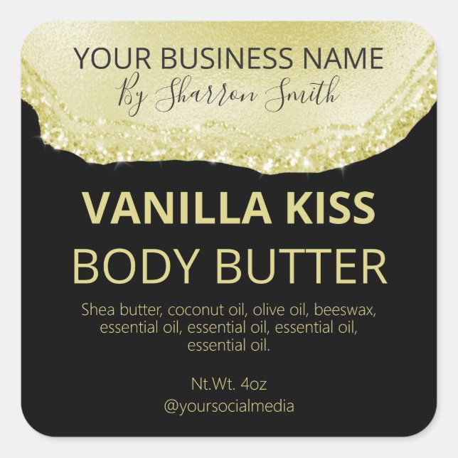 Black Gold Glam Glitter Agate Product Jar Labels (Front)