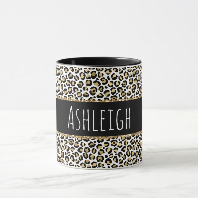 Black Gold Glam Leopard Print Personalised Mug (Center)