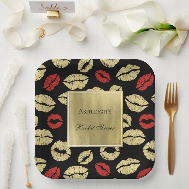 Black Gold Glam Lips Bridal Shower Paper Plate (Wedding)