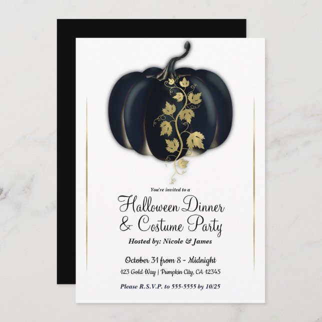 Black & Gold Glam Pumpkin Halloween Dinner Party Invitation (Front/Back)