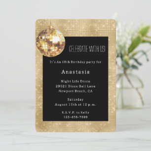 Black Gold Glam Sparkle Disco Ball Birthday Invitation