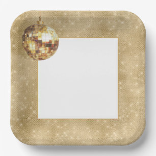 Black Gold Glam Sparkle Disco Ball Birthday Paper Plate