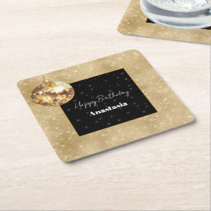 Black Gold Glam Sparkle Disco Ball Birthday Square Paper Coaster
