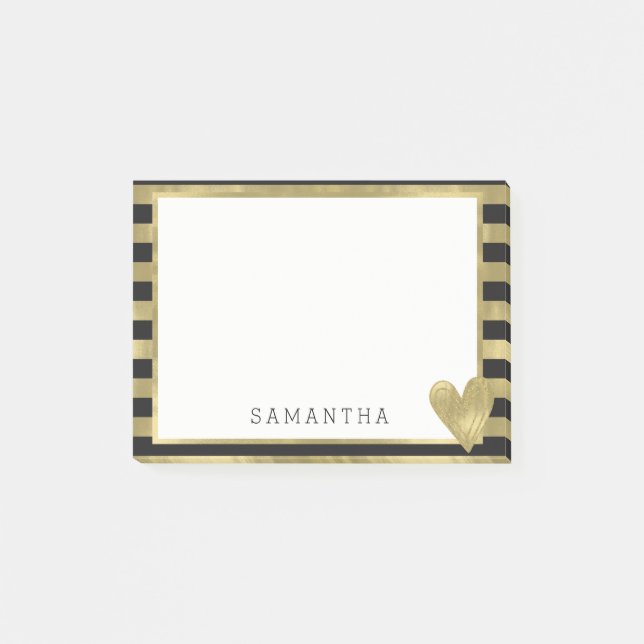 Black Gold Glam Stripes with Heart Personalised Post-it Notes (Front)