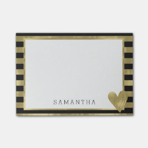 Black Gold Glam Stripes with Heart Personalised Post-it Notes