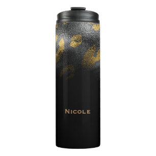 Black Gold Glamourous Cheetah Leopard Print Custom Thermal Tumbler