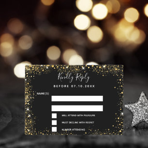 Black gold glamourous wedding RSVP Card