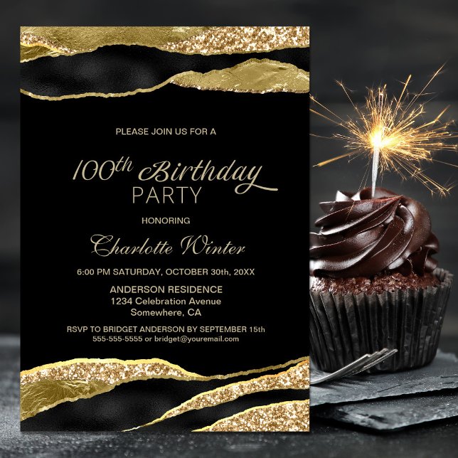Black Gold Glitter 100th Birthday Party Invitation (Creator Uploaded)