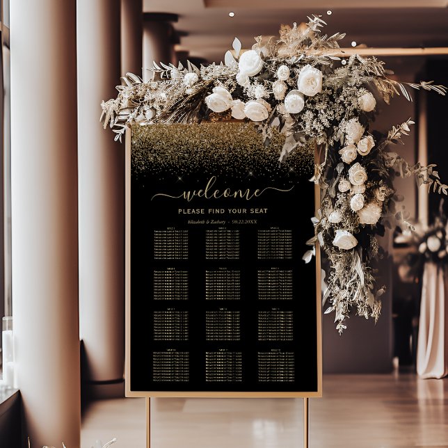 Black Gold Glitter 12-Table Wedding Seating Poster (Creator Uploaded)