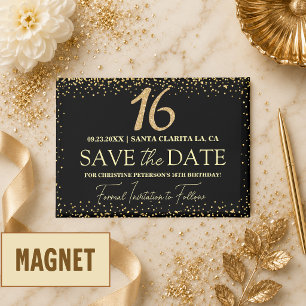 Black Gold Glitter 16th Birthday Save the Date Magnet