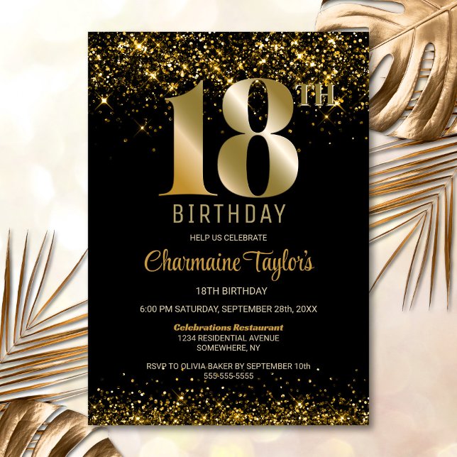 Black Gold Glitter 18th Birthday Party Invitation (Creator Uploaded)