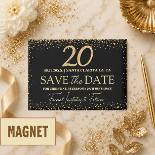 Black Gold Glitter 20th Birthday Save the Date Magnet