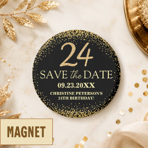 Black Gold Glitter 24th Birthday Save the Date Magnet
