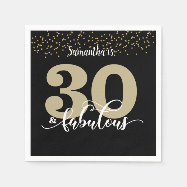 Black Gold Glitter 30 and Fabulous Birthday Party  Napkin (Front)