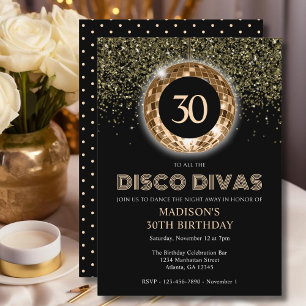Black Gold Glitter 30th Birthday Disco Party Invitation