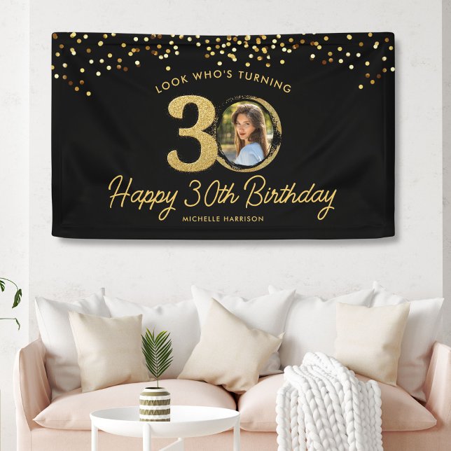Black Gold Glitter 30th Birthday Party Your Photo  Banner (Creator Uploaded)