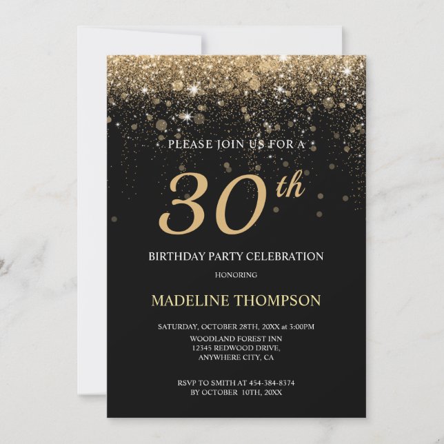 Black Gold Glitter 30th Birthday Personalised Age  Invitation (Front)