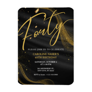 Black & Gold Glitter 40th Birthday Invitation Magnet