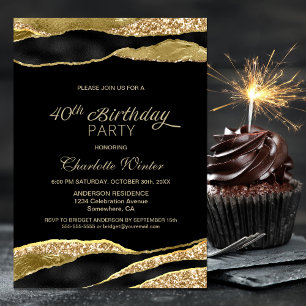 Black Gold Glitter 40th Birthday Party Invitation
