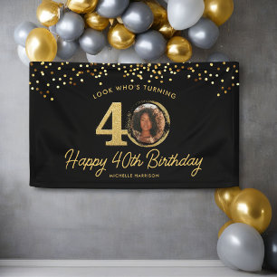 Black Gold Glitter 40th Birthday Party Your Photo  Banner