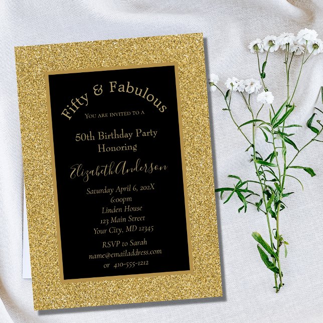 Black Gold Glitter 50 Fabulous Birthday Invitation (Creator Uploaded)